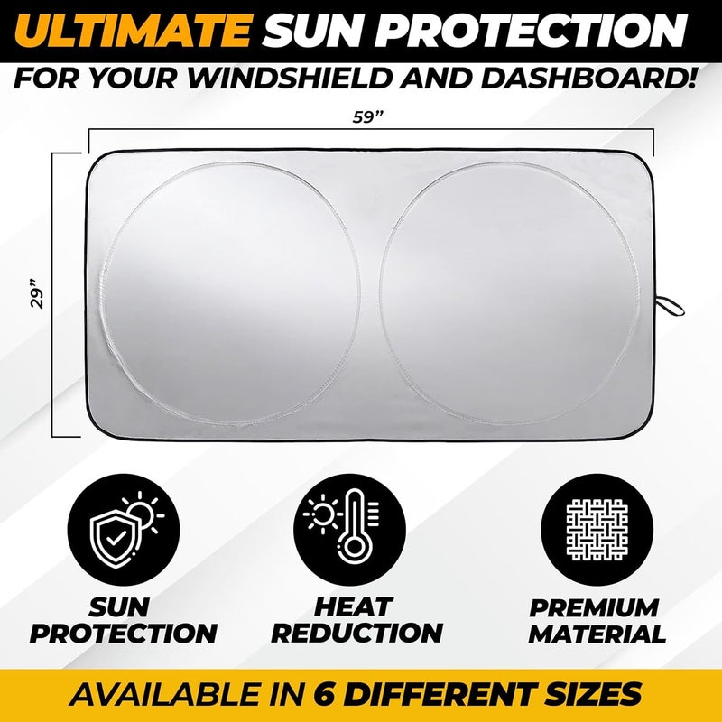 Autovir Windshield Sun Shade for Car  SUV & Truck - Patented Design Blocks 99% UV Rays & Heat | 240T Reflective Polyester Sunshade with Storage Bag | Keeps Vehicle Interior Cool | Universal Fit S(59"" x 29"") - Image 3